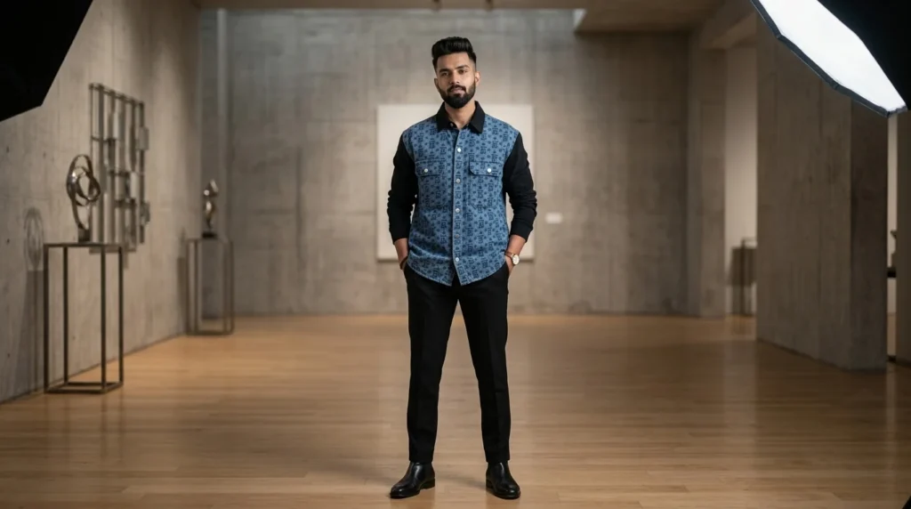 Burberry Monogram Print Denim Shirt for Men with Contrast Black Sleeves (1)