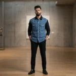 Burberry Monogram Print Denim Shirt for Men with Contrast Black Sleeves (1)