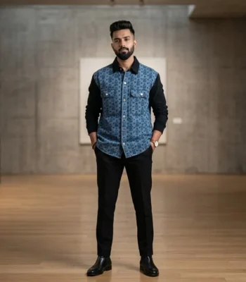 Burberry Monogram Print Denim Shirt for Men with Contrast Black Sleeves (1)