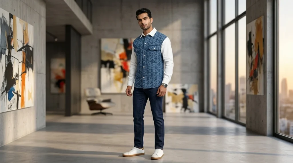 Burberry men's denim monogram star print shirt with white contrast sleeves and collar (1)