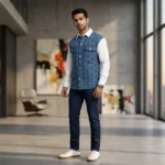 Burberry men's denim monogram star print shirt with white contrast sleeves and collar (1)