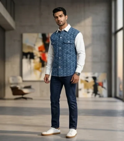 Burberry men's denim monogram star print shirt with white contrast sleeves and collar (1)