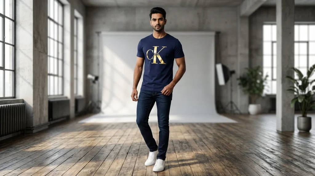 Calvin Klein Jeans Men's Navy Blue Metallic Logo Crew Neck T Shirt (1)
