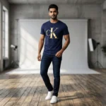Calvin Klein Jeans Men's Navy Blue Metallic Logo Crew Neck T Shirt (1)