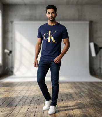 Calvin Klein Jeans Men's Navy Blue Metallic Logo Crew Neck T Shirt (1)