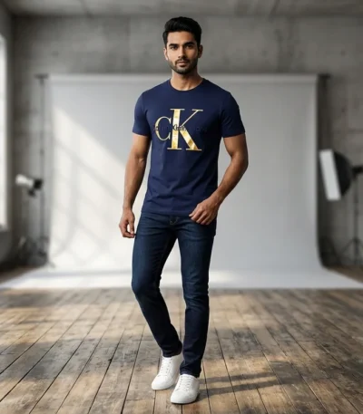 Calvin Klein Jeans Men's Navy Blue Metallic Logo Crew Neck T Shirt (1)