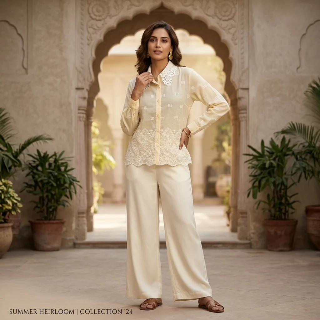 Cream colored women's vintage shirt featuring an intricate floral lace Peter Pan collar and geometric embroidery (1)