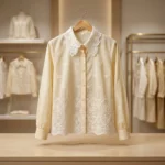 Cream colored women's vintage shirt featuring an intricate floral lace Peter Pan collar and geometric embroidery (2)
