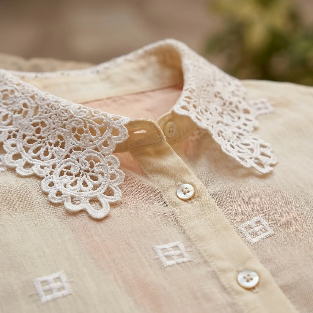 Cream colored women's vintage shirt featuring an intricate floral lace Peter Pan collar and geometric embroidery (3)
