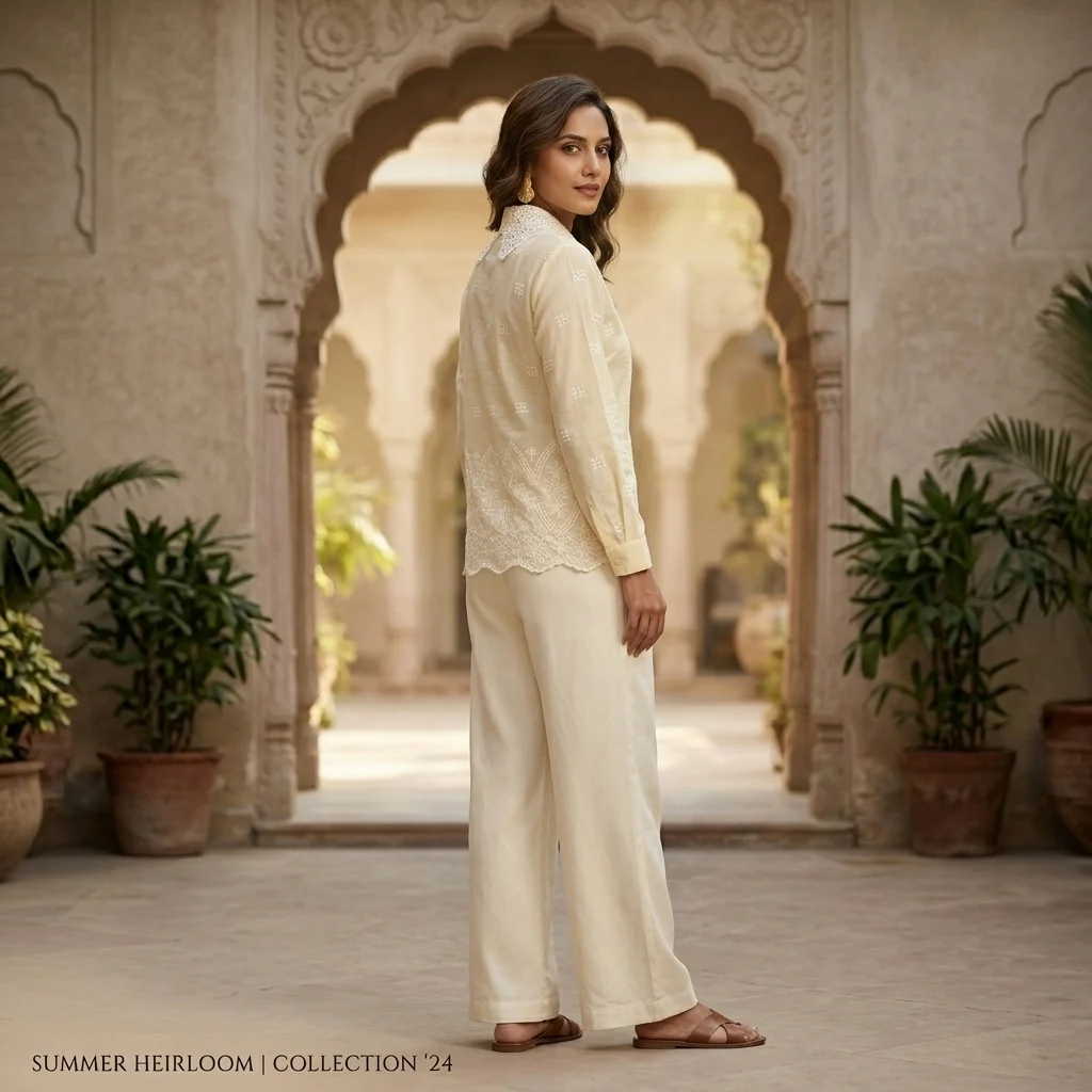 Cream colored women's vintage shirt featuring an intricate floral lace Peter Pan collar and geometric embroidery (4)