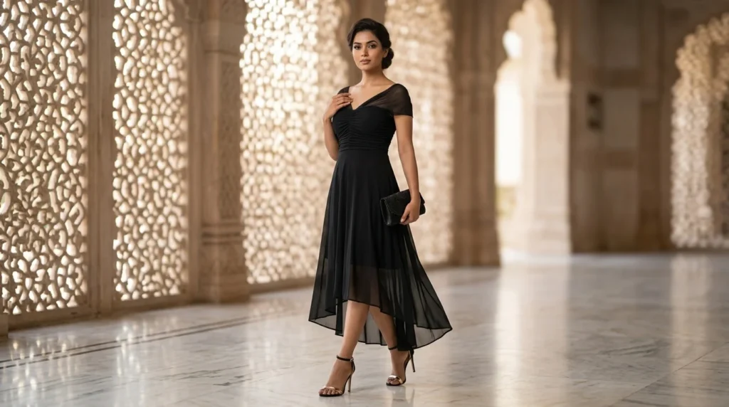 Elegant Black High Low Midi Dress with Ruched Bodice and Sheer Cap Sleeves (1)