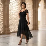 Elegant Black High Low Midi Dress with Ruched Bodice and Sheer Cap Sleeves (1)