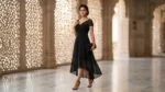 Elegant Black High Low Midi Dress with Ruched Bodice and Sheer Cap Sleeves (1)