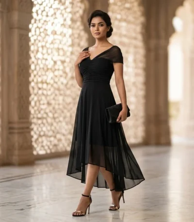 Elegant Black High Low Midi Dress with Ruched Bodice and Sheer Cap Sleeves (1)