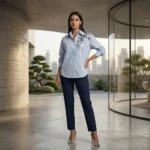 Elegant light blue and white vertical pinstripe women's formal shirt featuring premium silver sequin floral embroidery on the left shoulder (1)