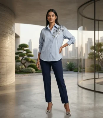 Elegant light blue and white vertical pinstripe women's formal shirt featuring premium silver sequin floral embroidery on the left shoulder (1)