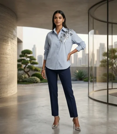 Elegant light blue and white vertical pinstripe women's formal shirt featuring premium silver sequin floral embroidery on the left shoulder (1)