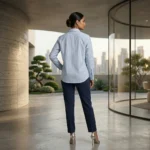 Elegant light blue and white vertical pinstripe women's formal shirt featuring premium silver sequin floral embroidery on the left shoulder (4)