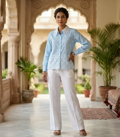 Elegant sky blue vintage style women's blouse featuring a white lace Peter Pan collar and embroidered geometric patterns (1)