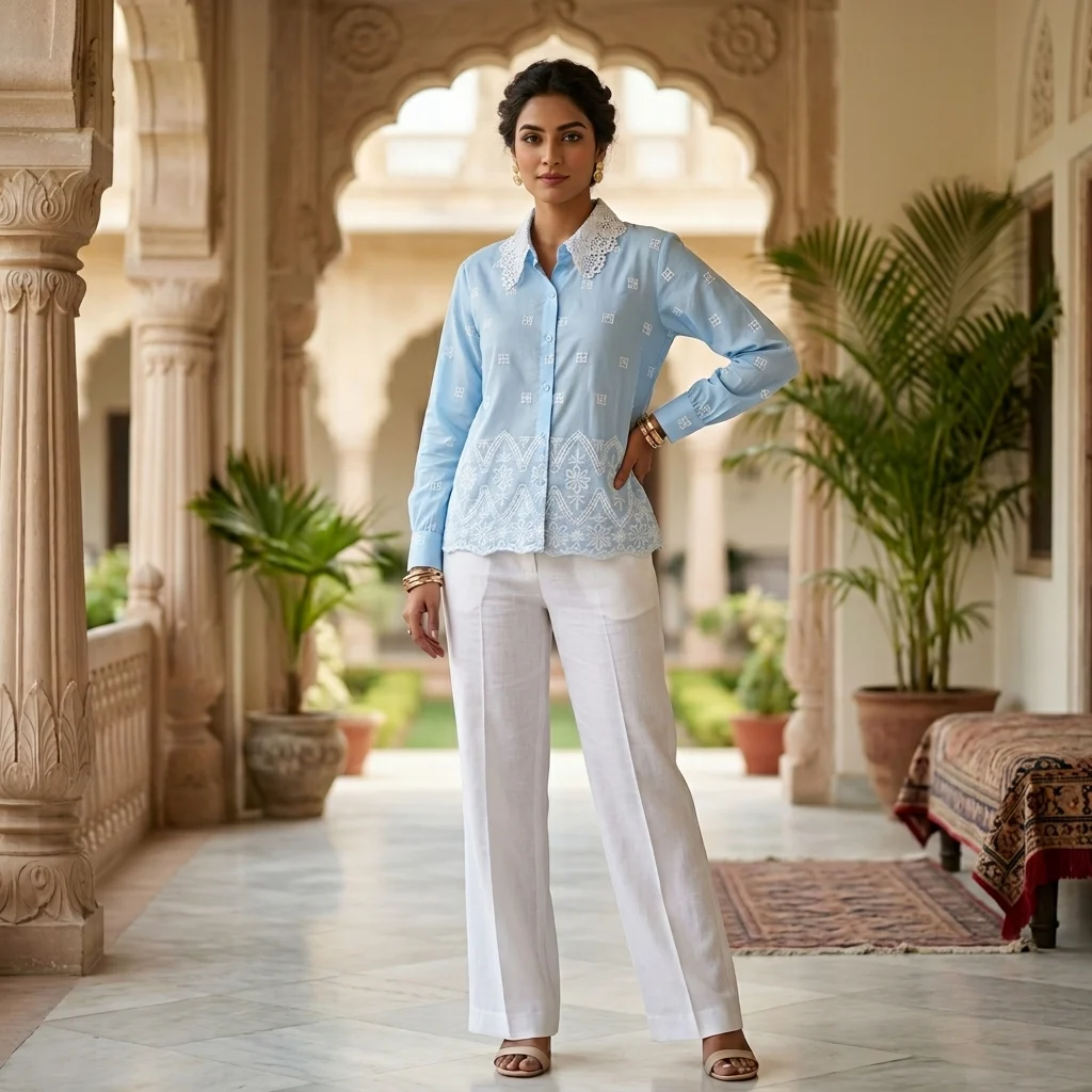 Elegant sky blue vintage style women's blouse featuring a white lace Peter Pan collar and embroidered geometric patterns (1) Elegant sky blue vintage style women's blouse featuring a white lace Peter Pan collar and embroidered geometric patterns (1)