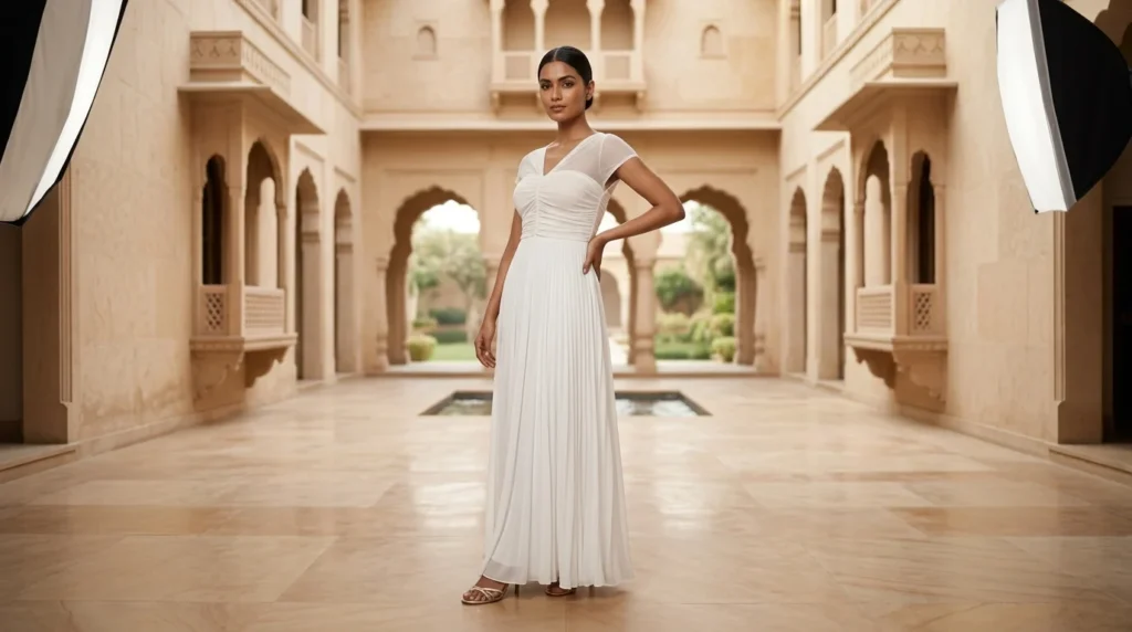 Elegant white floor length pleated gown for women featuring a V neckline, sheer cap sleeves, and a dramatic back bow detail (1)