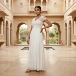 Elegant white floor length pleated gown for women featuring a V neckline, sheer cap sleeves, and a dramatic back bow detail (1)