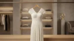 Elegant white floor length pleated gown for women featuring a V neckline, sheer cap sleeves, and a dramatic back bow detail (2)