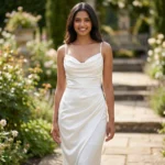 Elegant white satin cowl neck maxi dress with spaghetti straps for women (1)