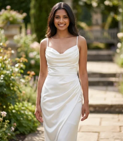 Elegant white satin cowl neck maxi dress with spaghetti straps for women (1)