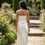 Elegant white satin cowl neck maxi dress with spaghetti straps for women (2)