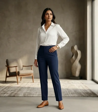 Elegant woman wearing a crisp white formal full sleeve shirt (3)