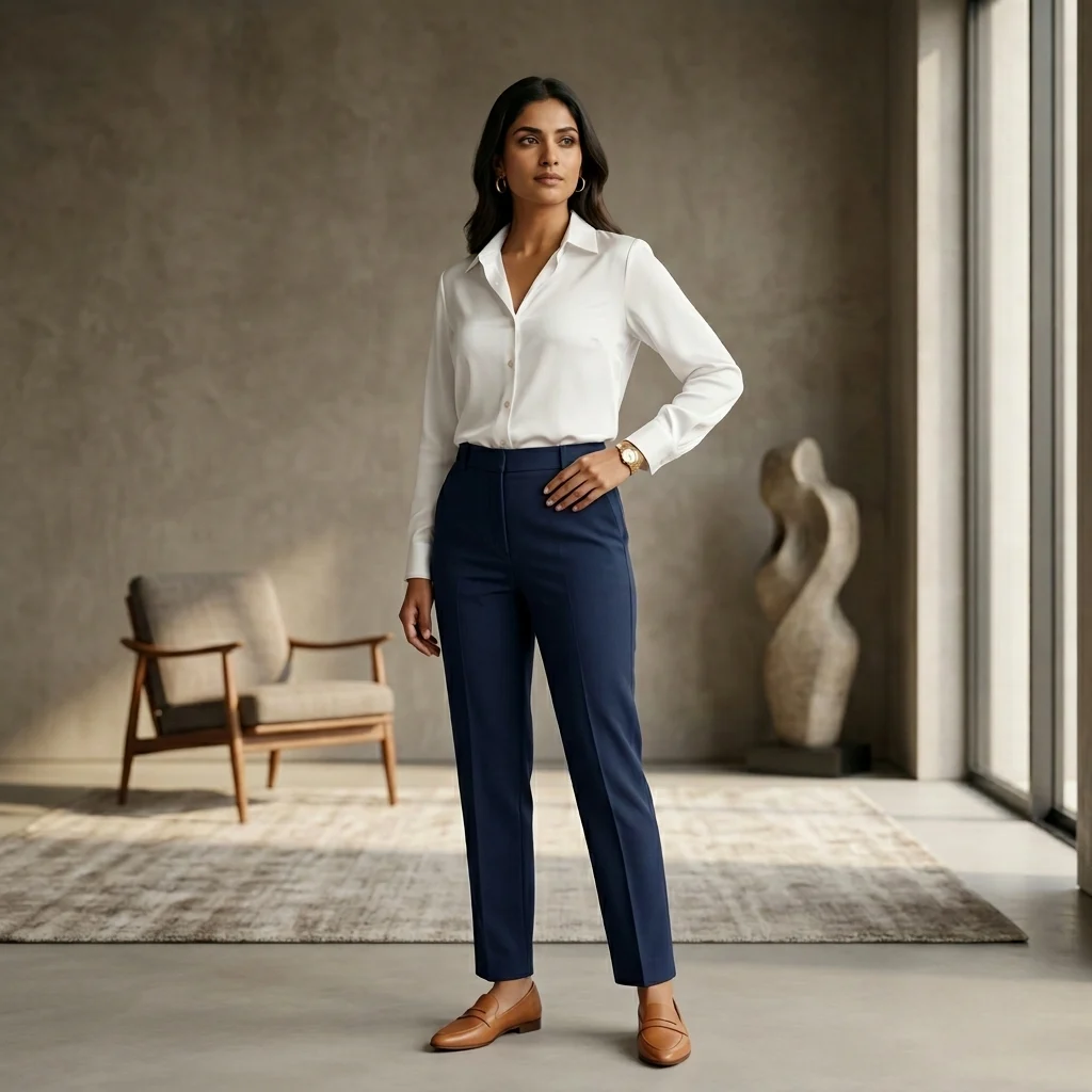 Elegant woman wearing a crisp white formal full sleeve shirt (3)