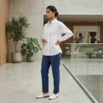 Elegant women's white long sleeve shirt with scattered multicolor floral embroidery and button down front (1)