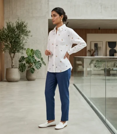 Elegant women's white long sleeve shirt with scattered multicolor floral embroidery and button down front (1)