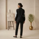 Front and back view of AETHEL women's black full sleeve shirt featuring intricate white floral lace embroidery on sleeves (1)