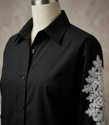 Front and back view of AETHEL women's black full sleeve shirt featuring intricate white floral lace embroidery on sleeves (2)