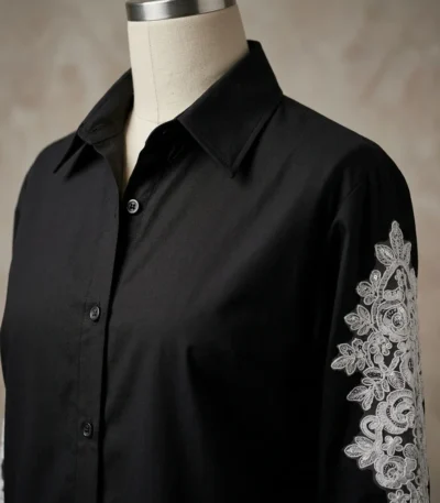 Front and back view of AETHEL women's black full sleeve shirt featuring intricate white floral lace embroidery on sleeves (2)