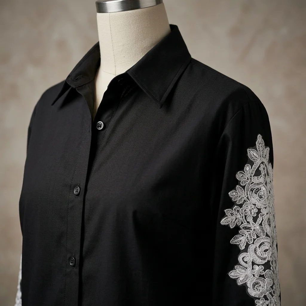Front and back view of AETHEL women's black full sleeve shirt featuring intricate white floral lace embroidery on sleeves (2) Front and back view of AETHEL women's black full sleeve shirt featuring intricate white floral lace embroidery on sleeves (2)
