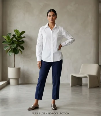 Front view of Aura Luxe white women's shirt with intricate tonal floral embroidery on sleeves (1)