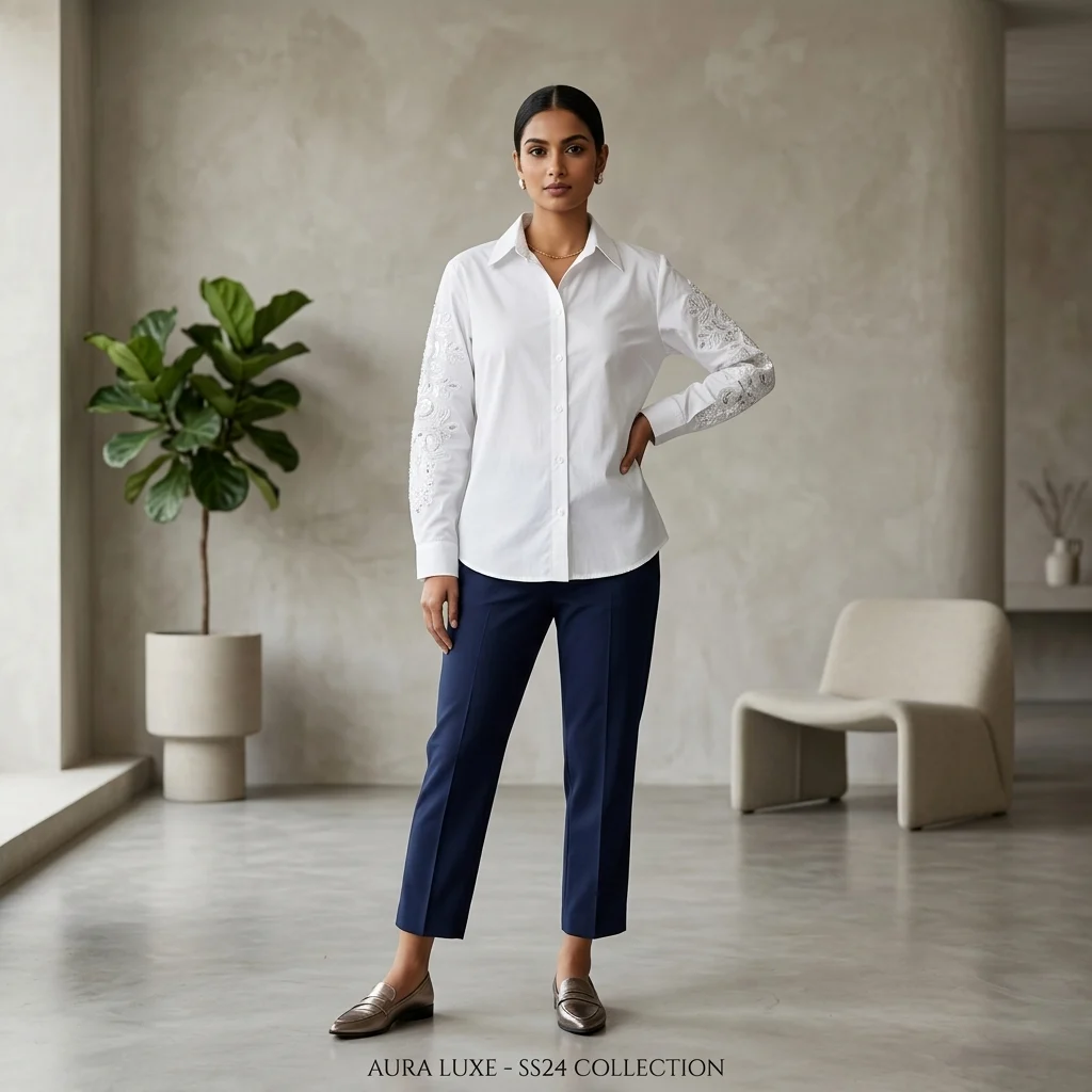 Front view of Aura Luxe white women's shirt with intricate tonal floral embroidery on sleeves (1)