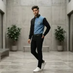 Front view of a man wearing a black and blue denim patchwork shirt with GK logo, styled with black jeans and white sneakers in a modern architectural setting (1)