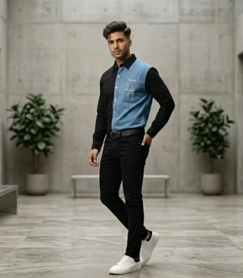 Front view of a man wearing a black and blue denim patchwork shirt with GK logo, styled with black jeans and white sneakers in a modern architectural setting (1)
