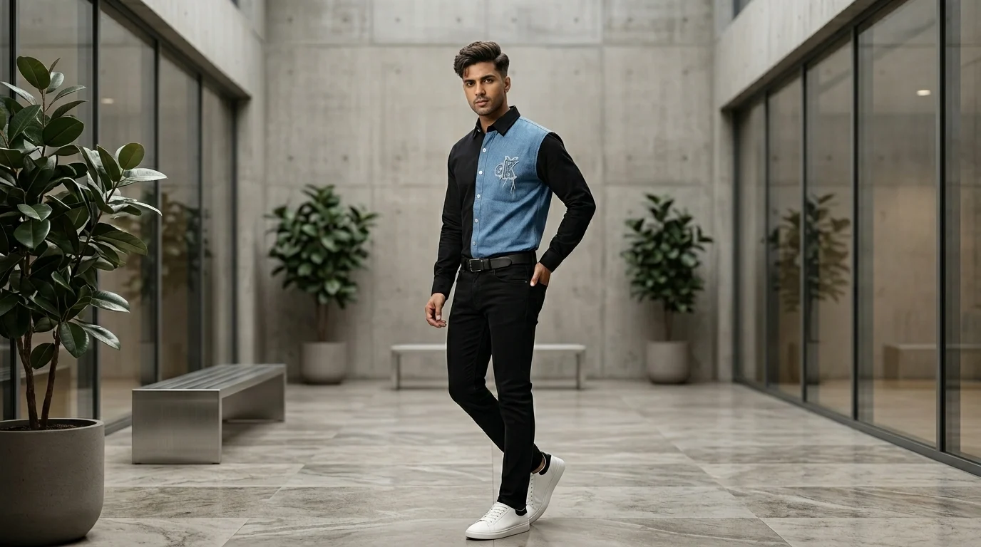 Front view of a man wearing a black and blue denim patchwork shirt with GK logo, styled with black jeans and white sneakers in a modern architectural setting (1) Front view of a man wearing a black and blue denim patchwork shirt with GK logo, styled with black jeans and white sneakers in a modern architectural setting (1)
