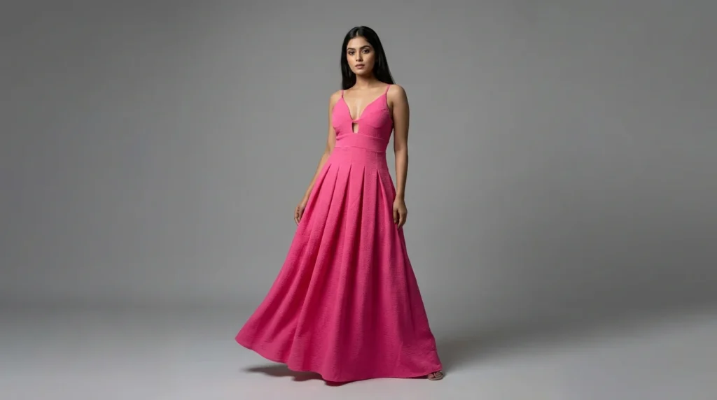 Hot Pink Textured Maxi Dress with Cut Out Plunge Neckline (1)