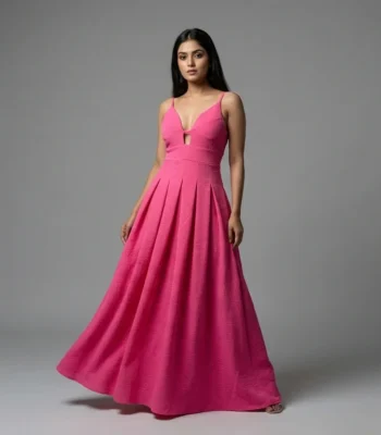 Hot Pink Textured Maxi Dress with Cut Out Plunge Neckline (1)