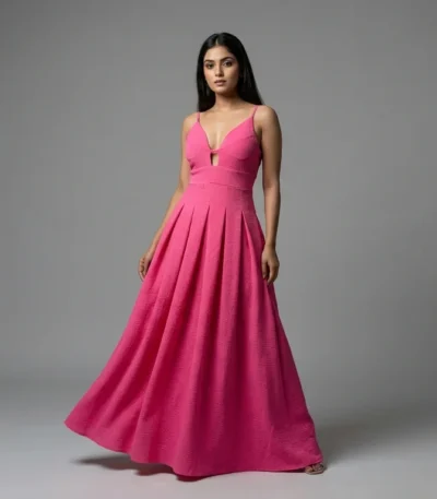 Hot Pink Textured Maxi Dress with Cut Out Plunge Neckline (1)