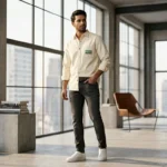 Man wearing a cream colored full sleeve heavy cotton overshirt with green embroidered chest patch and dark grey jeans in a modern studio (1)