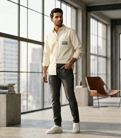 Man wearing a cream colored full sleeve heavy cotton overshirt with green embroidered chest patch and dark grey jeans in a modern studio (1)