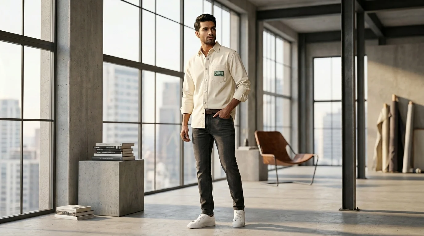 Man wearing a cream colored full sleeve heavy cotton overshirt with green embroidered chest patch and dark grey jeans in a modern studio (1) Man wearing a cream colored full sleeve heavy cotton overshirt with green embroidered chest patch and dark grey jeans in a modern studio (1)
