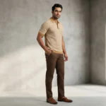 Men’s Beige Textured Vertical Stripe Knit Polo T Shirt (2)